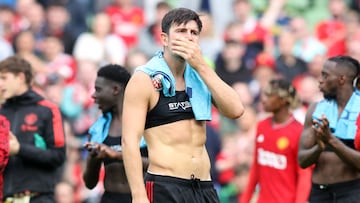 Manchester United's English defender Harry Maguire reacts after the pre-season friendly football match between Manchester United and Athletic Club Bilbao at the Aviva Stadium, in Dublin, on August 6, 2023. (Photo by Paul Faith / AFP)