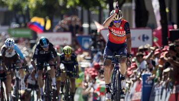 Bahrain-Merida's Italian cyclist Vincenzo Nibali celebrates as he crosses the finish line to win the 3rd stage of the 72nd edition of "La Vuelta" Tour of Spain cycling race, on August 21, 2017 in Andorra la Vella.
The 3rd stage was a 158,5km route between Prades and Andorra la Vella. / AFP PHOTO / JAIME REINA