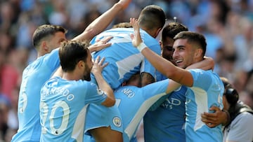 Soccer Football - Premier League - Manchester City v Arsenal - Etihad Stadium, Manchester, Britain - August 28, 2021 Manchester City's Rodri celebrates scoring their fourth goal with teammates REUTERS/Russell Cheyne EDITORIAL USE ONLY. No use with un
