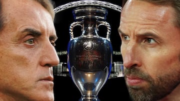 FILE PHOTO (EDITORS NOTE: COMPOSITE OF IMAGES - Image numbers 73035843, 501106374, 1321800361,1137620496) In this composite image a comparison has been made between Head coach Italy Roberto Mancini (L) and Gareth Southgate, manager of England. Italy and E