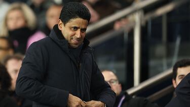 Paris Saint-Germain's Qatari President Nasser Al-Khelaifi attends the French L1 football match between Paris Saint-Germain (PSG) and Lille LOSC at the Parc des Princes Stadium in Paris on March 1, 2025. (Photo by FRANCK FIFE / AFP)