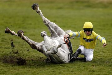 Jeremiah McGrath se cae de su caballo en la prueba de obstáculos de The Be Wiser ¡ en el hipódromo de Newbury.