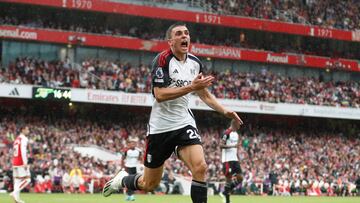 Soccer Football - Premier League - Arsenal v Fulham - Emirates Stadium, London, Britain - August 26, 2023 Fulham's Joao Palhinha celebrates scoring their second goal Action Images via Reuters/Matthew Childs EDITORIAL USE ONLY. No use with unauthorized audio, video, data, fixture lists, club/league logos or 'live' services. Online in-match use limited to 75 images, no video emulation. No use in betting, games or single club /league/player publications. Please contact your account representative for further details.