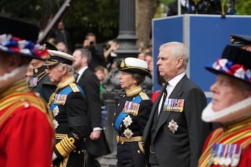 King Charles, Anne, Princess Royal and Prince Andrew, Duke of York on the day of the state funeral and burial of Britain's Queen Elizabeth, in London.