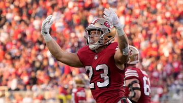 SANTA CLARA, CALIFORNIA - SEPTEMBER 21: Christian McCaffrey #23 of the San Francisco 49ers celebrates after scoring a touchdown against the New York Giants during the second quarter in the game at Levi's Stadium on September 21, 2023 in Santa Clara, California.   Thearon W. Henderson/Getty Images/AFP (Photo by Thearon W. Henderson / GETTY IMAGES NORTH AMERICA / Getty Images via AFP)