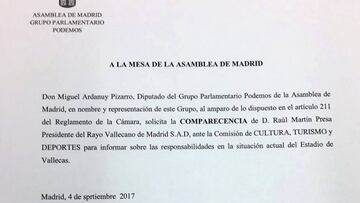 Podemos pide comparecer a Presa y la Comunidad para tratar el estado y el cierre de Vallecas