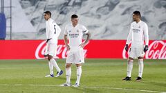 Rapha&euml;l Varane (left), Toni Kroos (centre) and Casemiro look dejected as Real Madrid slip to defeat at home to Alav&eacute;s in LaLiga on Saturday.