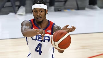 (FILES) In this file photo Bradley Beal #4 of the United States passes against Nigeria during an exhibition game at Michelob ULTRA Arena ahead of the Tokyo Olympic Games on July 10, 2021 in Las Vegas, Nevada. - NBA guard Bradley Beal will not play for the