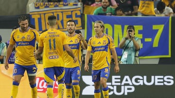 HOUSTON, TEXAS - AUGUST 03: Juan Pablo Vigon #6 of UANL Tigres is congratulated by teammates after scoring a goal in the second half against the Inter Miami during the group stage of Leagues Cup 2024 at NRG Stadium on August 03, 2024 in Houston, Texas. Tim Warner/Getty Images/AFP (Photo by Tim Warner / GETTY IMAGES NORTH AMERICA / Getty Images via AFP)
