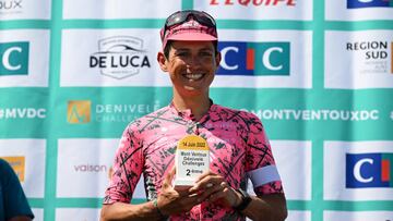 MONT VENTOUX, FRANCE - JUNE 14: Johan Esteban Chaves Rubio of Colombia and Team EF Education - Easypost on second place poses on the podium ceremony after the 4th Mont Ventoux Denivele Challenge 2022 a 153km one day race from Vaison-la-Romaine to Mont Ventoux 1893m / #MVDC / on June 14, 2022 in Mont Ventoux, France. (Photo by Dario Belingheri/Getty Images)