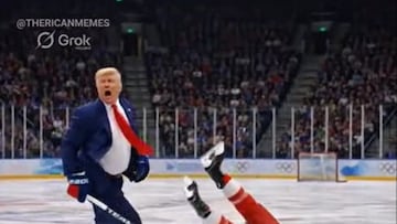 Imagen generada por IA y que el presidente de los Estados Unidos Donald Trump subió a su red social Truth caracterizado como jugador de hockey hielo de Estados Unidos ante Canadá