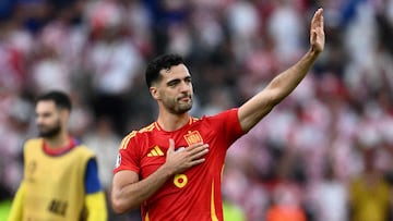 Spain's midfielder #06 Mikel Merino celebrates after winning the UEFA Euro 2024 Group B football match between Spain and Croatia at the Olympiastadion in Berlin on June 15, 2024. (Photo by Christophe SIMON / AFP)