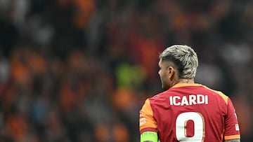 Galatasaray's Argentine forward #09 Mauro Icardi looks on during the UEFA Champions League, league phase - day 3, football match between Galatasaray SK and Bodo/Glimt at the Rams Park in Istanbul on October 22, 2025. (Photo by Ozan KOSE / AFP)