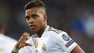 Rodrygo celebra un gol con el Real Madrid.