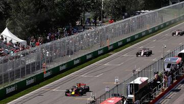 Pérez y Ocon siguiendo a Ricciardo en Montreal.