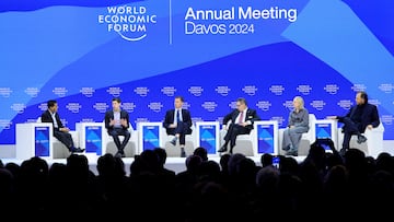 CEO of OpenAI Sam Altman, Chairman and CEO of Salesforce Marc R. Benioff, Chair and CEO of Accenture Julie Sweet, CEO of Pfizer Albert Bourla and British Chancellor of the Exchequer Jeremy Hunt attend the 54th annual meeting of the World Economic Forum, in Davos, Switzerland, January 18, 2024. REUTERS/Denis Balibouse