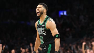 BOSTON, MASSACHUSETTS - APRIL 29: Jayson Tatum #0 of the Boston Celtics reacts after a play during the third quarter in Game Five of the Eastern Conference First Round NBA Playoffs against the Orlando Magic at TD Garden on April 29, 2025 in Boston, Massachusetts. NOTE TO USER: User expressly acknowledges and agrees that, by downloading and or using this photograph, User is consenting to the terms and conditions of the Getty Images License Agreement. Maddie Meyer/Getty Images/AFP (Photo by Maddie Meyer / GETTY IMAGES NORTH AMERICA / Getty Images via AFP)