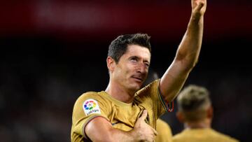 Robert Lewandowski centre-forward of Barcelona and Poland celebrates after scoring his sides first goal during the La Liga Santander match between Sevilla FC and FC Barcelona at Estadio Ramon Sanchez Pizjuan on September 3, 2022 in Seville, Spain. (Photo by Jose Breton/Pics Action/NurPhoto via Getty Images)