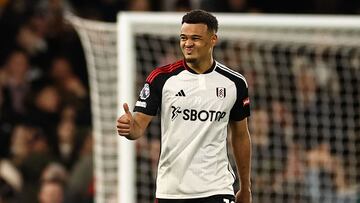 Fulham's Brazilian striker #19 Rodrigo Muniz reacts after scoring their third goal during the English Premier League football match between Fulham and Tottenham Hotspur at Craven Cottage in London on March 16, 2024. (Photo by HENRY NICHOLLS / AFP) / RESTRICTED TO EDITORIAL USE. No use with unauthorized audio, video, data, fixture lists, club/league logos or 'live' services. Online in-match use limited to 120 images. An additional 40 images may be used in extra time. No video emulation. Social media in-match use limited to 120 images. An additional 40 images may be used in extra time. No use in betting publications, games or single club/league/player publications. / 