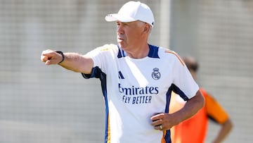 Ancelotti, en un entrenamiento con el Madrid esta pretemporada.