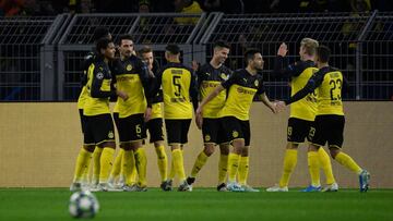 Dortmund's celebrates scoring during the UEFA Champions League Group F football match between Borussia Dortmund and SK Slavia Prague on December 10, 2019 in Dortmund, western Germany. (Photo by Ina Fassbender / AFP)