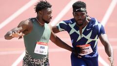 WALNUT, CALIFORNIA - MAY 09: Noah Lyles reacts after he finishes first ahead of Kenny Bednarek to win the Men 200 Meter Dash during the USATF Golden Games and World Athletics Continental Tour event at the Mt. San Antonio College on May 09, 2021 in Walnut, California.   Harry How/Getty Images/AFP
 == FOR NEWSPAPERS, INTERNET, TELCOS &amp; TELEVISION USE ONLY ==