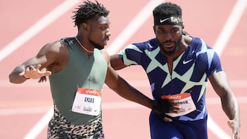 WALNUT, CALIFORNIA - MAY 09: Noah Lyles reacts after he finishes first ahead of Kenny Bednarek to win the Men 200 Meter Dash during the USATF Golden Games and World Athletics Continental Tour event at the Mt. San Antonio College on May 09, 2021 in Walnut, California.   Harry How/Getty Images/AFP
 == FOR NEWSPAPERS, INTERNET, TELCOS &amp; TELEVISION USE ONLY ==