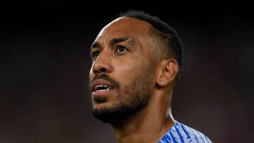 Barcelona's Gabonese midfielder Pierre-Emerick Aubameyang looks on before the start of the friendly football match between FC Barcelona and Manchester City, at the Camp Nou stadium in Barcelona on August 24, 2022. (Photo by Josep LAGO / AFP) (Photo by JOSEP LAGO/AFP via Getty Images)