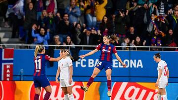 Barcelona's Spanish midfielder #14 Aitana Bonmati celebrates after scoring her team's first goal during the UEFA Women's Champions League quarter-final, second leg football match between FC Barcelona and SK Brann Kvinner at the Johan Cruyff stadium in Sant Joan Despi, near Barcelona, on March 28, 2024. (Photo by PAU BARRENA / AFP)