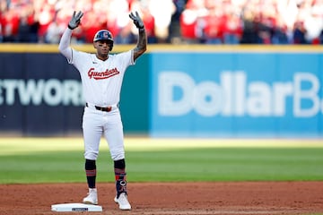 Oct 7, 2024; Cleveland, Ohio, USA; Cleveland Guardians shortstop Brayan Rocchio (4) celebrates