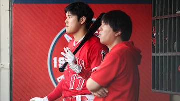 ANAHEIM, CALIFORNIA - AUGUST 22: Shohei Ohtani #17 of the Los Angeles Angels looks on from the dugout before the game against the Cincinnati Reds at Angel Stadium of Anaheim on August 22, 2023 in Anaheim, California.   Meg Oliphant/Getty Images/AFP (Photo by Meg Oliphant / GETTY IMAGES NORTH AMERICA / Getty Images via AFP)