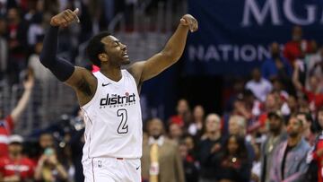 Apr 22, 2018; Washington, DC, USA; Washington Wizards guard John Wall (2) celebrates on the court against the Toronto Raptors in the fourth quarter in game four of the first round of the 2018 NBA Playoffs at Capital One Arena. The Wizards won 106-98. Mandatory Credit: Geoff Burke-USA TODAY Sports