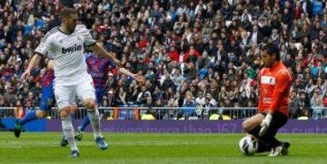 Mano a mano de Benzema con el guardameta del Levante, Mun&uacute;a. 