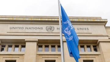 The United Nations flag flies at half-mast at the European headquarters, honouring the more than 100 employees killed in Gaza since the Israel-Hamas war began last month in Geneva, Switzerland, November 13, 2023. REUTERS/Denis Balibouse