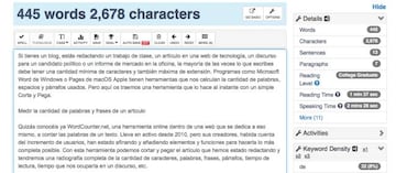 Interfaz de Word Counter y ejemplo de sus funciones con este mismo artículo que estáis leyendo