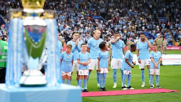 LEICESTER, ENGLAND - JULY 30: A general view of the Premier League trophy as Manchester City line up during the National Anthems prior to kick off of The FA Community Shield between Manchester City and Liverpool FC at The King Power Stadium on July 30, 2022 in Leicester, England. (Photo by Matt McNulty - Manchester City/Manchester City FC via Getty Images)