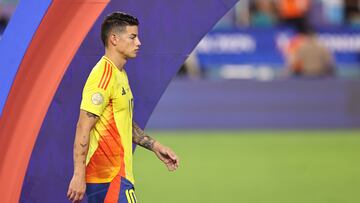 MIAMI GARDENS, FLORIDA - JULY 15: James Rodriguez of Colombia walks to get his MVP award (not in frame) after the CONMEBOL Copa America 2024 Final match between Argentina and Colombia at Hard Rock Stadium on July 15, 2024 in Miami Gardens, Florida. (Photo by Omar Vega/Getty Images)