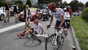 Alberto Contador y Michael Gogl se cayeron a 22 kil&oacute;metros de Pau.