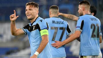 ROME, ITALY - DECEMBER 08: Ciro Immobile of SS Lazio celebrates a second goal a penalty during the UEFA Champions League Group F stage match between SS Lazio and Club Brugge KV at Stadio Olimpico on December 08, 2020 in Rome, Italy. Sporting stadiums arou