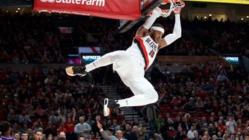 Dec 4, 2019; Portland, OR, USA; Portland Trail Blazers forward Carmelo Anthony (00) dunks against the Sacramento Kings during the first quarter at the Moda Center. Mandatory Credit: Craig Mitchelldyer-USA TODAY Sports