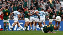 Rugby Union - Rugby Championship - Argentina v South Africa - Estadio Libertadores de America, Buenos Aires, Argentina - September 17, 2022 Argentina's Matias Moroni celebrates scoring a try with teammates REUTERS/Agustin Marcarian