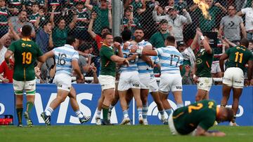 Rugby Union - Rugby Championship - Argentina v South Africa - Estadio Libertadores de America, Buenos Aires, Argentina - September 17, 2022 Argentina's Matias Moroni celebrates scoring a try with teammates REUTERS/Agustin Marcarian