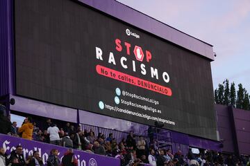 VALLADOLID, SPAIN - MAY 23: The LED board displays a message against racism prior to the LaLiga Santander match between Real Valladolid CF and FC Barcelona at Estadio Municipal Jose Zorrilla on May 23, 2023 in Valladolid, Spain. (Photo by Angel Martinez/Getty Images)