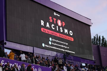 VALLADOLID, SPAIN - MAY 23: The LED board displays a message against racism prior to the LaLiga Santander match between Real Valladolid CF and FC Barcelona at Estadio Municipal Jose Zorrilla on May 23, 2023 in Valladolid, Spain. (Photo by Angel Martinez/Getty Images)