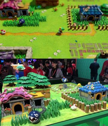 Arriba, una captura del juego para Switch. Abajo, su equivalente en formato diorama real.