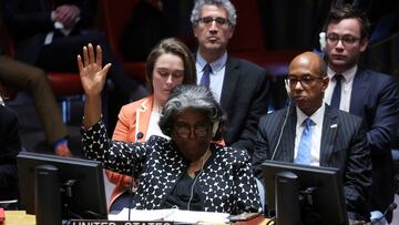 U.S. Ambassador to the United Nations Linda Thomas-Greenfield votes against a Brazil-sponsored draft resolution during a meeting of the United Nations Security Council on the conflict between Israel and Hamas at U.N. headquarters in New York, U.S., October 18, 2023. REUTERS/Mike Segar TPX IMAGES OF THE DAY