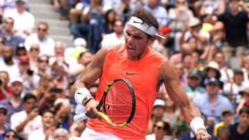 Rafael Nadal of Spain celebrates in his match against Nikoloz Basilashvili of Georgia on Day 7 of the 2018 US Open Men&#039;s Singles match at the USTA Billie Jean King National Tennis Center in New York on September 2, 2018. (Photo by TIMOTHY A. CLARY / 