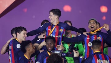 RIYADH, SAUDI ARABIA - JANUARY 15: Gavi of FC Barcelona celebrates after the team's victory during the Super Copa de Espana Final match between Real Madrid and FC Barcelona at King Fahd International Stadium on January 15, 2023 in Riyadh, Saudi Arabia. (Photo by Yasser Bakhsh/Getty Images)