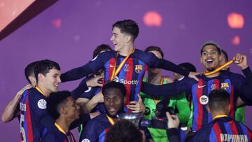 RIYADH, SAUDI ARABIA - JANUARY 15: Gavi of FC Barcelona celebrates after the team's victory during the Super Copa de Espana Final match between Real Madrid and FC Barcelona at King Fahd International Stadium on January 15, 2023 in Riyadh, Saudi Arabia. (Photo by Yasser Bakhsh/Getty Images)