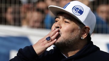 Argentine former football star Diego Armando Maradona blows a kiss during the first training session of Gimnasia with him as coach at El Bosque stadium, in La Plata, Buenos Aires province, Argentina, on September 8, 2019. 